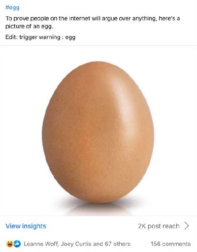 Facebook post with picture of an egg with caption: "To prove people on the internet will argue over anything, here's a picture of an egg."