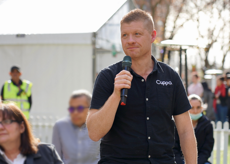 Luke Cook, Cuppa.TV on microphone