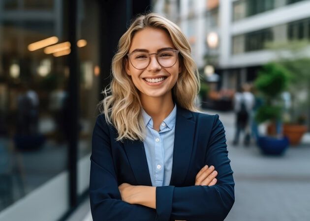 confident young business woman on city street