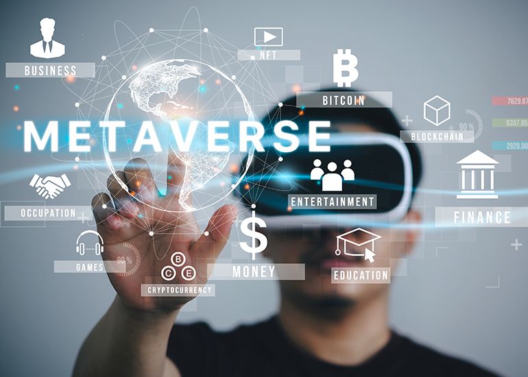 Man wearing VR headset with metaverse graphic on screen