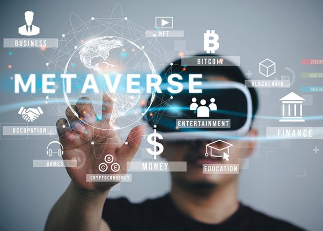 Man wearing VR headset with metaverse graphic on screen