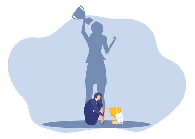 Cartoon graphic depicting a woman overcoming imposter syndrome