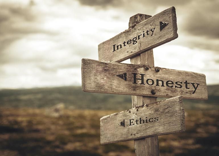 Signpost with 'integrity', 'honesty' and 'ethics' on signs