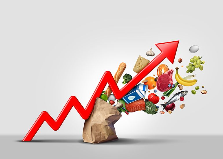 Bg of groceries exploding with red arrow indicating rising cost of food