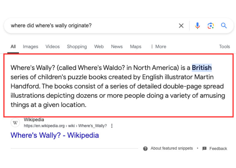 example of a google snippet search for where's wally
