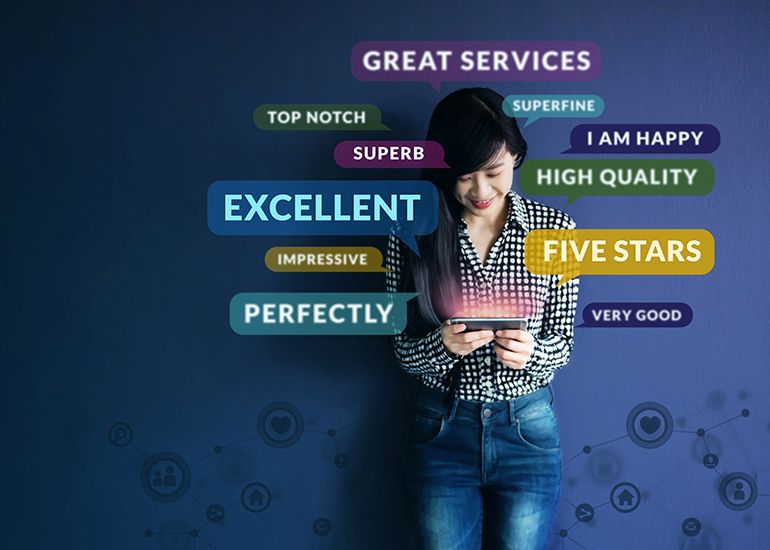 happy woman leaving positive customer online reviews