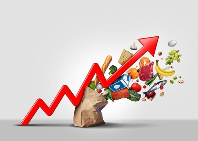 Bg of groceries exploding with red arrow indicating rising cost of food