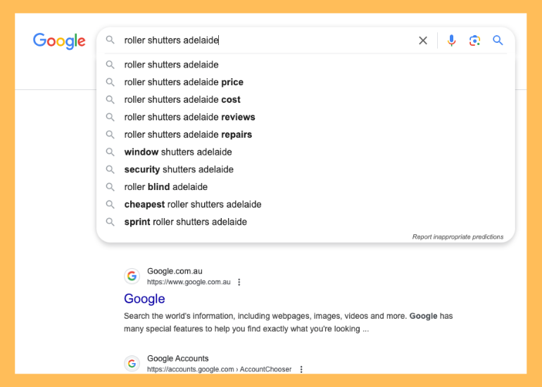 Google SEO example for roller shutter business
