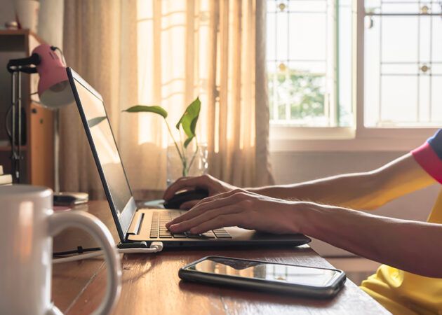 Person working on laptop at desk at home
