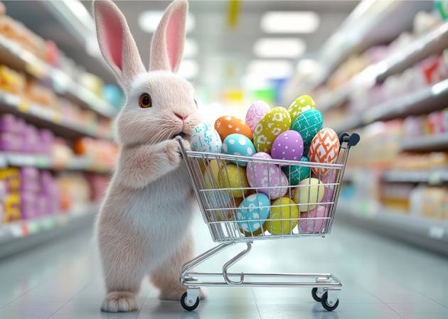 easter bunny pushing a shopping trolley