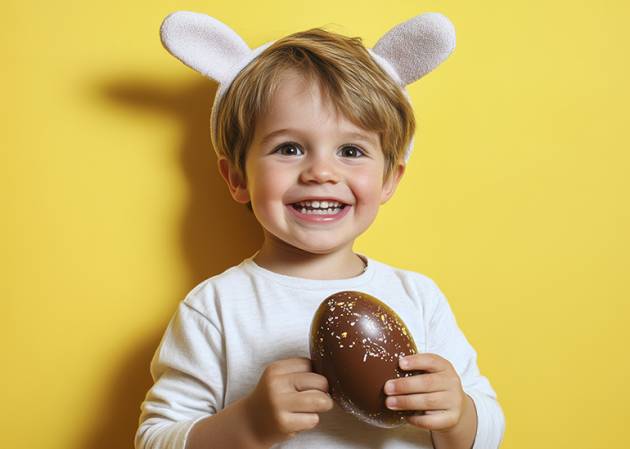 Boy wearing bunny ears holding an easter egg