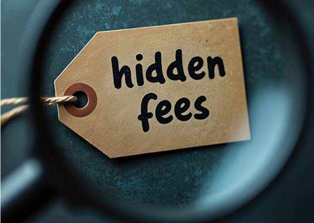 A magnifying glass enlarges text on a tag that reads hidden fees relating to hidden credit card payment costs