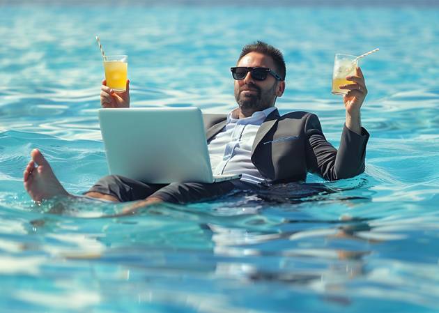 business man pool floatie holdng drinks expense deduction