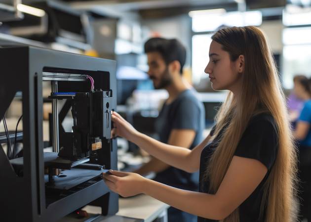 female engineer working on R&D project with a 3D printer