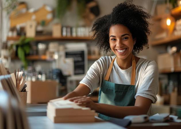 smiling small business owner looking happy - business sentiment optimistic