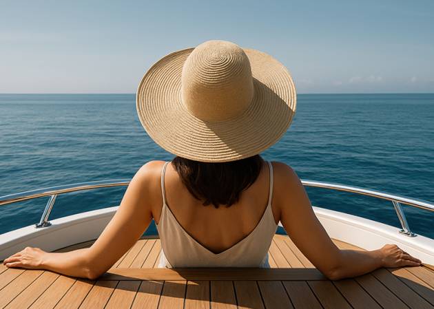 wealth - woman looking out to sea relaxes at the back of a yacht