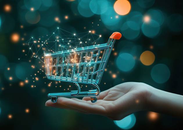 shopping trolley in palm of hand surrounded by Ai lights and logos