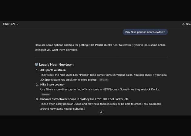 Chat GPT screen showing shopping suggestion