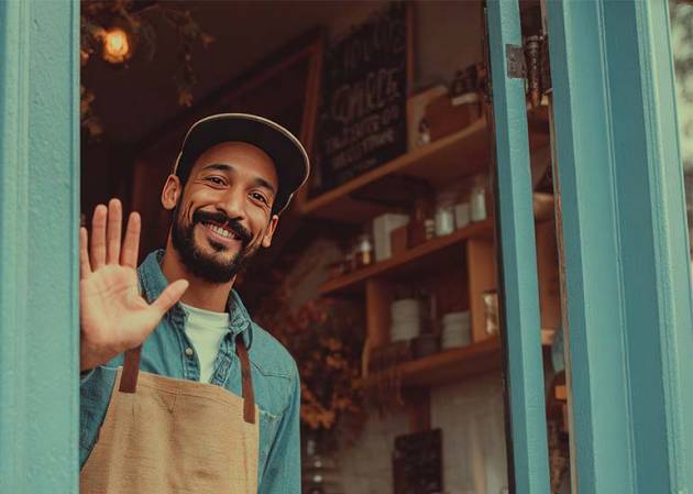 friendly local business owner waving from door of shopfront