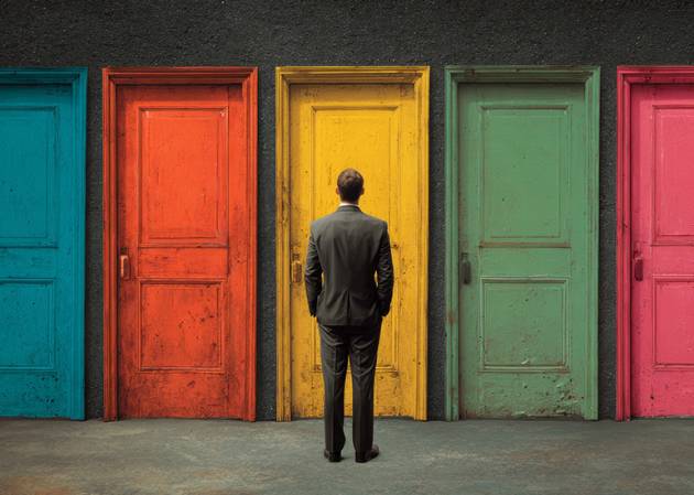 man stands in front of coloured doors attempting a decision