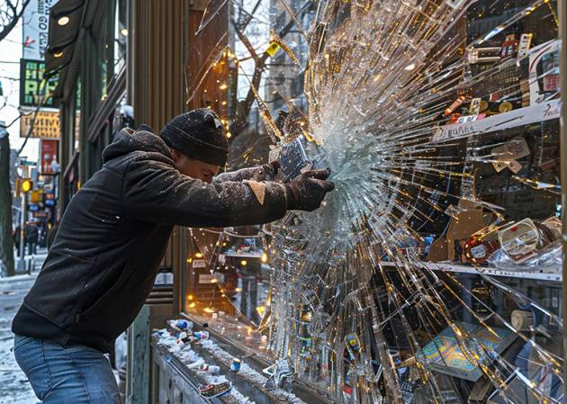 retail crime - perpetrator smashing a window with a brick