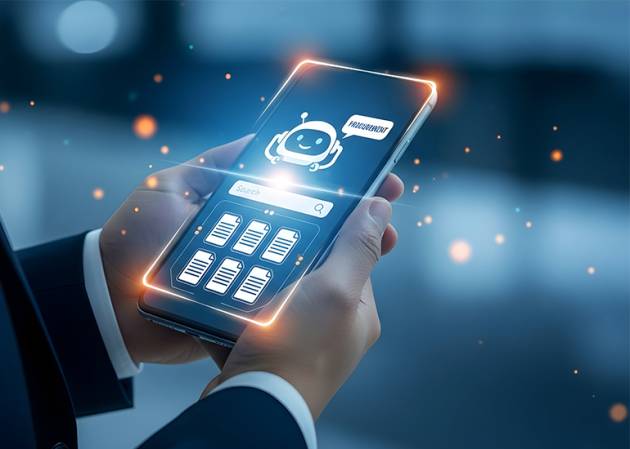 Hands holding a phone showing an AI app - concept of AI tools saving businesses time