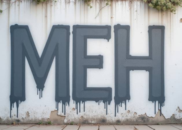 Wall painted with teh word MEH- indicating Aussies attitudes to AI