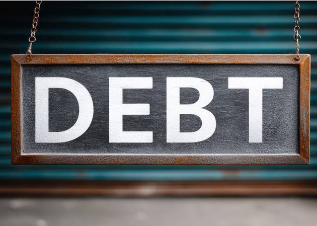 Bank loan default or insolvency by small and medium-sized businesses concept. The word DEBT in the centre of the image with a background of small and medium-sized shops