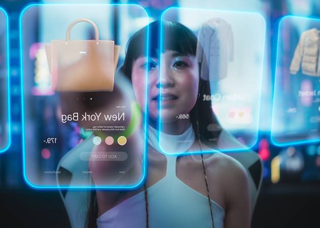Ai for retail: woman looks at hologram image